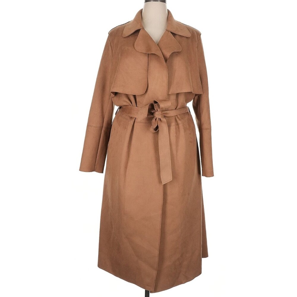 DESIGNER H&M TAN FAUX SUEDE BELTED MIDI LENGTH 48" TRENCH COAT SIZE XLARGE - Picture 7 of 16
